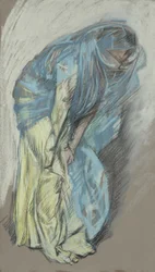 Studie für Frau im gelben Kleid mit blauem Schleier