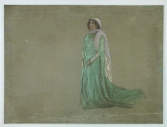 Studie, Frau im langen grünen Kleid, rosa Schal