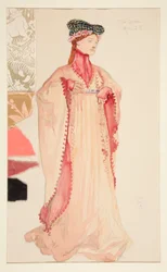 Die Königin (in Pink), Kostümskizze für Henry Irving