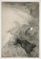 Frau liest, Figur schaut zu - (unidentifizierte Illustration)