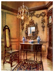 Vertäfelung, Spiegelrahmen, Walnusstisch und Stuhl, Charles Wesleys Walnuss-Standuhr, 1910