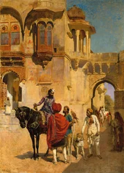 Aufbruch zur Jagd im Vorhof eines Palastes in Jodhpur, ca. 1898-1900