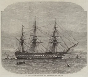 HMS Bombay, kürzlich durch Feuer in Montevideo zerstört