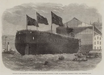 Stapellauf der gepanzerten Schraubenfregatte Ihrer Majestät Caledonia, 31 Kanonen, in Woolwich, letzte Woche