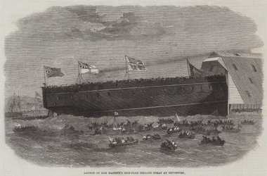 Stapellauf der gepanzerten Fregatte Ocean Ihrer Majestät in Devonport