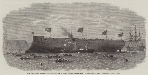 Unsere gepanzerte Flotte, Stapellauf der HMS Lord Clyde, Dampframme, in der Pembroke-Werft