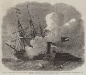 Der Bürgerkrieg in Amerika, Seeschlacht in Hampton Roads, der konföderierte eisenbeschlagene Dampfer Merrimac (oder Virginia) rammt die Bundes-Sloop Cumberland