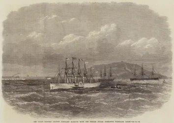 Die Great Eastern verlässt den Hafen von Portland mit dem britisch-indischen Unterseekabel