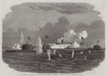 Die gepanzerte Fregatte New Ironsides und zwei Ericsson-Batterien gehen in Charleston in Aktion