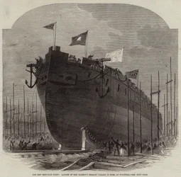 Die neue gepanzerte Flotte, Stapellauf der Fregatte Ihrer Majestät Valiant, 34 Kanonen, in Millwall