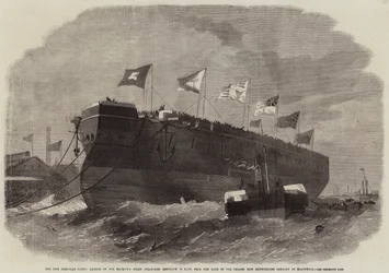 Die neue gepanzerte Flotte, Stapellauf des Schraubendampfschiffs Minotaur Ihrer Majestät, 50 Kanonen, aus der Werft der Thames Iron Shipbuilding Company in Blackwall