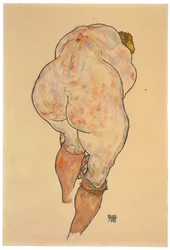 Weiblicher Akt, der die Strümpfe hochzieht, Rückenansicht, 1918