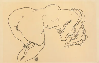 Langhaariger Akt, vornübergebeugt, Rückenansicht, 1918