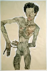 Männlicher Akt (Selbstporträt), 1910. Maße: 55,7 x 36,8 cm. Wien, Graphische Sammlung Albertina
