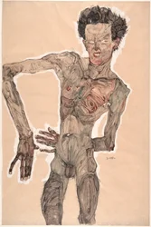Nacktes Selbstporträt, grimassierend, 1910