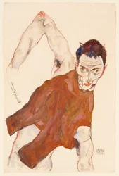 Selbstporträt in einer Weste mit erhobenem rechten Ellbogen, 1914