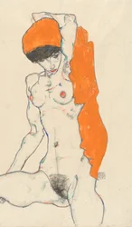 Stehender Akt mit orangefarbener Draperie recto: Studie eines Aktes mit erhobenen Armen verso, 1914