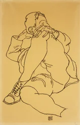 Liegender junger Mann mit aufgestütztem Kopf und übergeschlagenem Bein, 1918