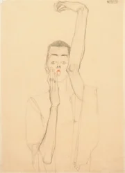Junger Mann mit erhobenem Arm und rotem Mund; Selbstbildnis mit erhobenem linken Arm und rotem Mund, 1909