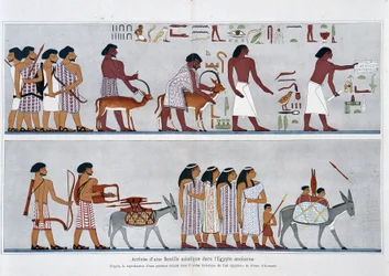Ankunft einer asiatischen Familie im alten Ägypten: Aus der Reproduktion eines Wandgemäldes im „Historischen Atlas der ägyptischen Kunst“ von Prisse d