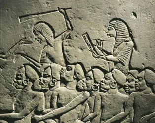 Eine Gruppe Schwarzer Gefangener, umringt von mit Keulen bewaffneten Wachen, während ein Schreiber einen Bericht anfertigt. Relief aus dem Grab des Haremhab in Sakkara, Detail