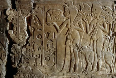 Basrelief aus dem Grab von Maia, Amme von Tutanchamun, Saqqara, Ägypten, ägyptische Zivilisation, Neues Reich, Dynastie XVIII, Detail