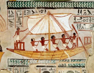 Ägyptische Antiquität: „Ein Boot auf dem Fluss, das von einer Pilgerfahrt zum Grab von Osiris in Abydos zurückkehrt“, 18. Dynastie. Fresko aus dem Grab von Sennefer (TT 96) im Grabbezirk der Adligen in Gournah
