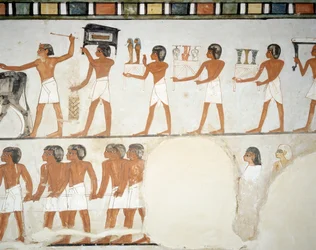 Begräbnisprozession, Detail aus den Fresken in der Kapelle des Grabes von Menna, Sheikh Abd el Qurnah Nekropole, Luxor, Theben (Unesco-Welterbeliste)