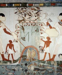 Menna und seine Familie beim Fischen und Vögeln in den Sümpfen des Nils, Detail aus den Fresken in der Kapelle des Grabes von Menna, Sheikh Abd el Qurnah Nekropole, Luxor, Theben (Unesco-Weltkulturerbe)