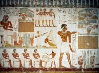 Musiker, Detail aus den Fresken im Grab von Userhat, Sheikh Abd el Qurnah Nekropole, Luxor, Theben (Unesco-Welterbeliste)