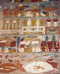 Opfer- und Parfümgefäße zwischen Anubis und Hatschepsut, Wandmalerei, Anubis-Kapelle, Totentempel der Hatschepsut, Deir el-Bahari, Thebanische Nekropole (Unesco-Welterbeliste)