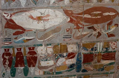 Bemaltes Basrelief, Totentempel der Königin Hatschepsut, Djeser-Djeseru (Heiligstes der Heiligen), Deir el-Bahri, Luxor, Theben (Unesco-Welterbeliste)