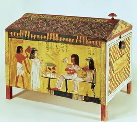 Bemalte Truhe mit einem Bankettszene aus dem Grab von Kha (gest. ca. 1390-52 v. Chr.) gefunden in Deir el-Medina, Neues Reich (Holz)