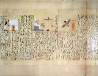 Papyrus, der das Wiegen des Herzens darstellt, aus dem Totenbuch des Maiherperi