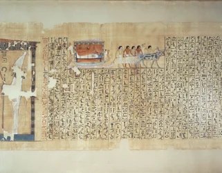 Papyrus, der den Transport des Sarkophags auf einem von Ochsen gezogenen Wagen darstellt, aus dem Totenbuch des Maiherperi
