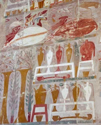 Vorräte und Keramik, die von Königin Hatschepsut den Göttern angeboten werden, bemaltes Relief, Kapelle des Anubis, Totentempel der Königin Hatschepsut, auch bekannt als Djeser-Djeseru, Deir el-Bahri, Theben. Ägyptische Zivilisation, Neues Reich, Dynastie 