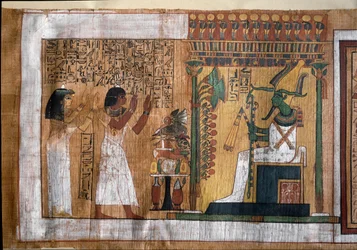 Der verstorbene Kha und seine Frau Merit verehren Osiris, den Herrn des Jenseits - Papyrus aus dem Totenbuch, aus der Grabkammer des Architekten Kha