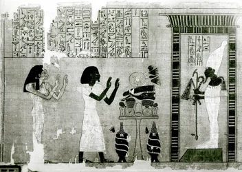 Der Verstorbene begleitet von seiner Schwester, um Osiris zu huldigen, Detail aus dem Totenbuch, Neues Reich