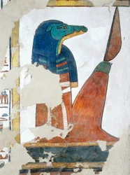 Krokodilköpfiger Wächter des dritten Tores zum Reich des Osiris, Kapitel 146 des Totenbuchs, Fresko, Grabkammer, Grab von Nefertari (QV66), Tal der Königinnen, Theben. Ägyptische Zivilisation, Neues Reich, Dynastie XIX