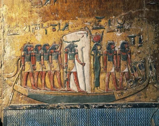 Ägypten, Luxor, Altes Theben, Tal der Könige, Grab von Sethos I., Fresken mit Sonnenbarke und Widderkopf-Gott