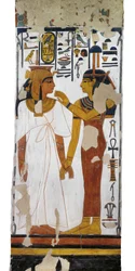 Ägypten, Theben, Luxor, Tal der Königinnen, Grab von Nefertari, Wandmalerei der Göttin Isis und der Königin auf einer Säule in der Grabkammer aus der 19. Dynastie