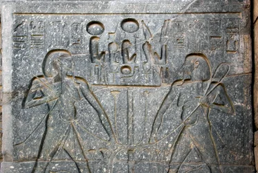 Ägyptische Antike: Detail des Sockels der Statue von Pharao Ramses II. (1292-1186 v. Chr.), das die Vereinigung von Ober- und Unterägypten darstellt. Tempel von Luxor. Ostufer (Theben), Ägypten