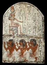 Ägyptische Antiquität: Stele des Bildhauers Ken, Handwerker in Deir el Medineh: Darstellung der Göttin Renenoutet (Nahrungsschlange). Epoche Ramses II (1290-1224 v. Chr.)