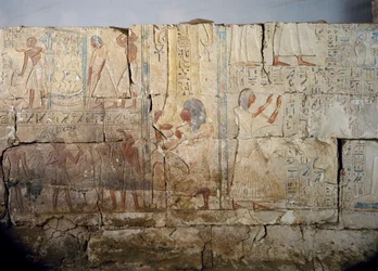 Relief aus dem Grab von Netcherouymes, wichtiger Beamter von Ramses II, Saqqara, Regierungszeit von Ramses II. Ägyptische Zivilisation, Neues Reich, Dynastie XIX