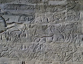 Kampagnen von Sethos I. in Syrien und Palästina, Relief, nördliche Außenwand der Großen Säulenhalle, Karnak-Tempelkomplex (Unesco-Welterbeliste)