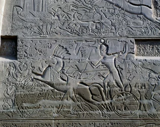 Kampagnen von Sethos I. in Syrien und Palästina, Relief, nördliche Außenwand der Großen Säulenhalle, Karnak-Tempelkomplex (Unesco-Welterbeliste)