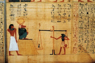 Mythologischer Papyrus von Imenemsauf, Oberster Träger von Amon. Detail: Seelenwägung vor dem Pavian-Gott Thot