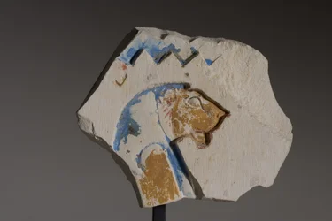 Fragment mit einem löwenköpfigen Hieroglyphen, Spätzeit (bemalter Kalkstein)