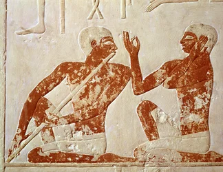 Bemaltes Relief darstellend einen Flötenspieler und einen Sänger bei einem Begräbnisbankett, aus dem Grab von Nenkhefetka, Saqqara, Altes Reich, ca. 2400 v. Chr.
