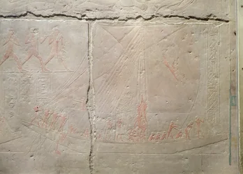 Relief, das eine Bootsfahrt darstellt, aus der Mastaba von Akhethotep, Altes Reich, ca. 2400 v. Chr.